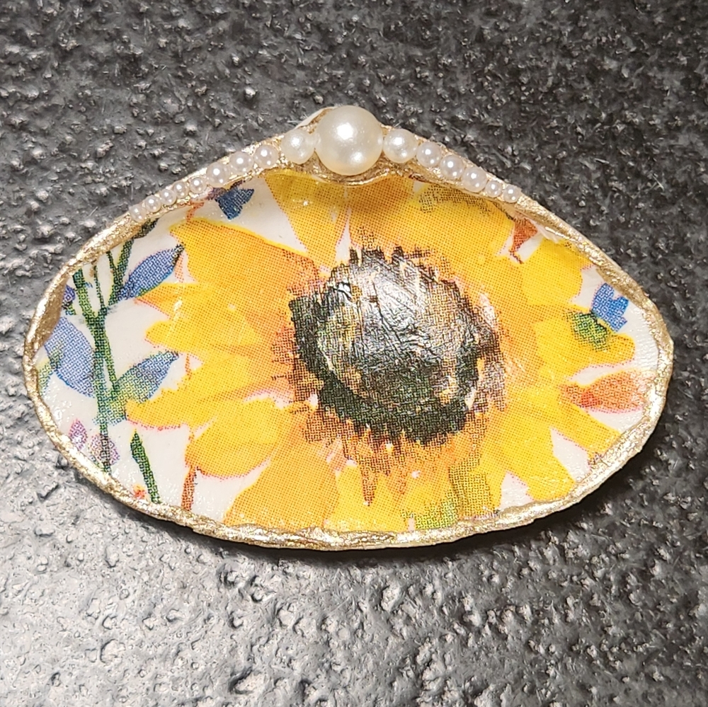 One Of A Kind Sunflower Decoupage Embellished Seashell Trinket/ Ring Dish